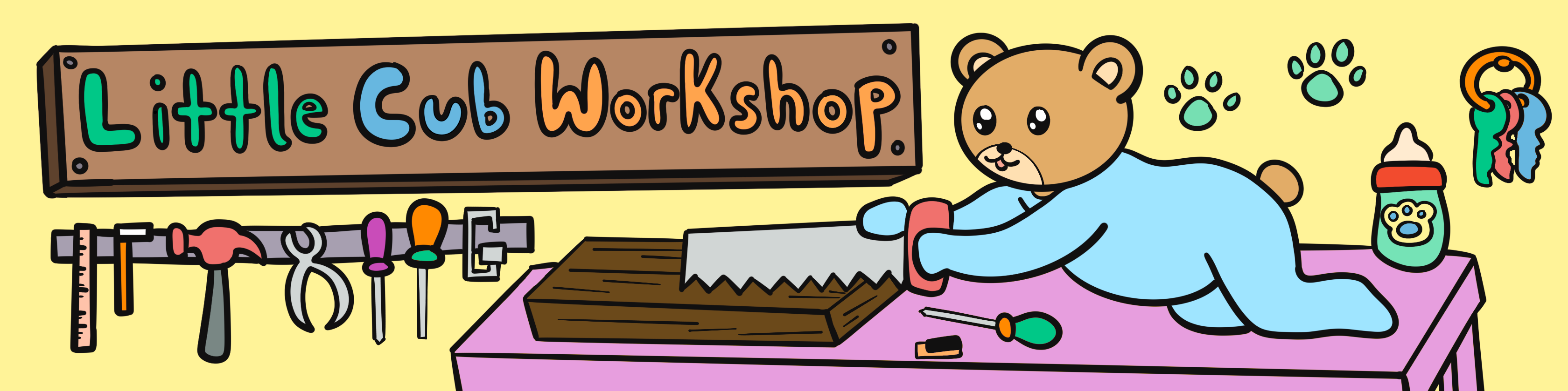 Cartoon bear in a workshop with tools and a sign reading 'Little Cub Workshop'.
